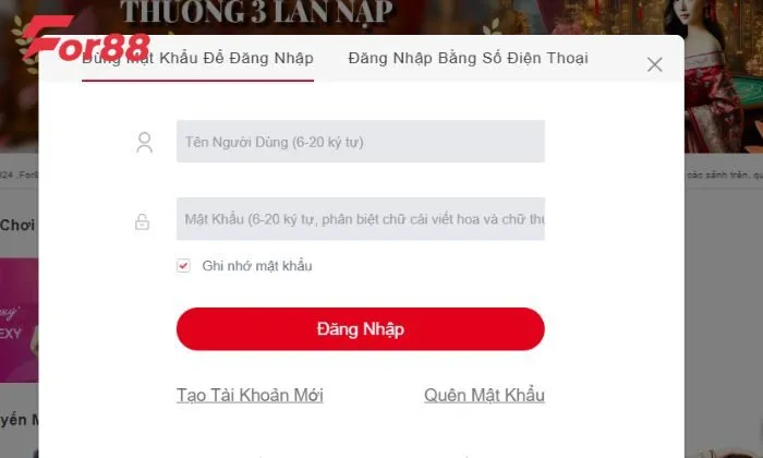 Đăng nhập For88 Tân binh nhấn chọn "Đăng nhập" để bắt đầu việc truy cập vào cổng game For88