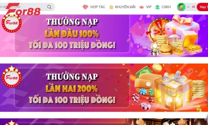 Khuyến mãi For88 cho người mới Khuyến mãi thưởng nạp lần đầu với giá trị lên tới 100 triệu