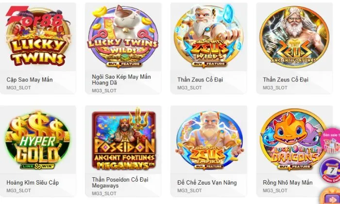 MG nổ hũ tại For88 Sảnh MG nổ hũ tại For88 nổi bật với sự đa dạng về các trò chơi nổ hũ