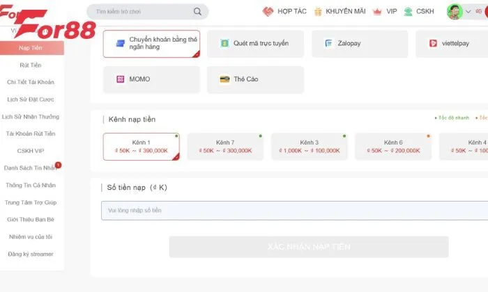 Tiến hành nạp tiền vào tài khoản cá nhân trước khi đặt cược 